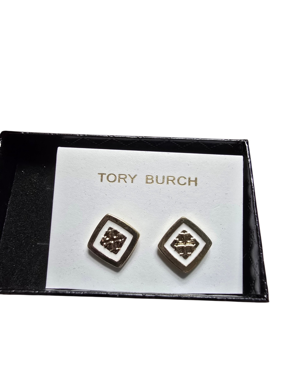Tory Burch White and Gold Square Logo Earrings
